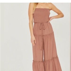 Strapless wide leg linen jumpsuit in Dusty Rose